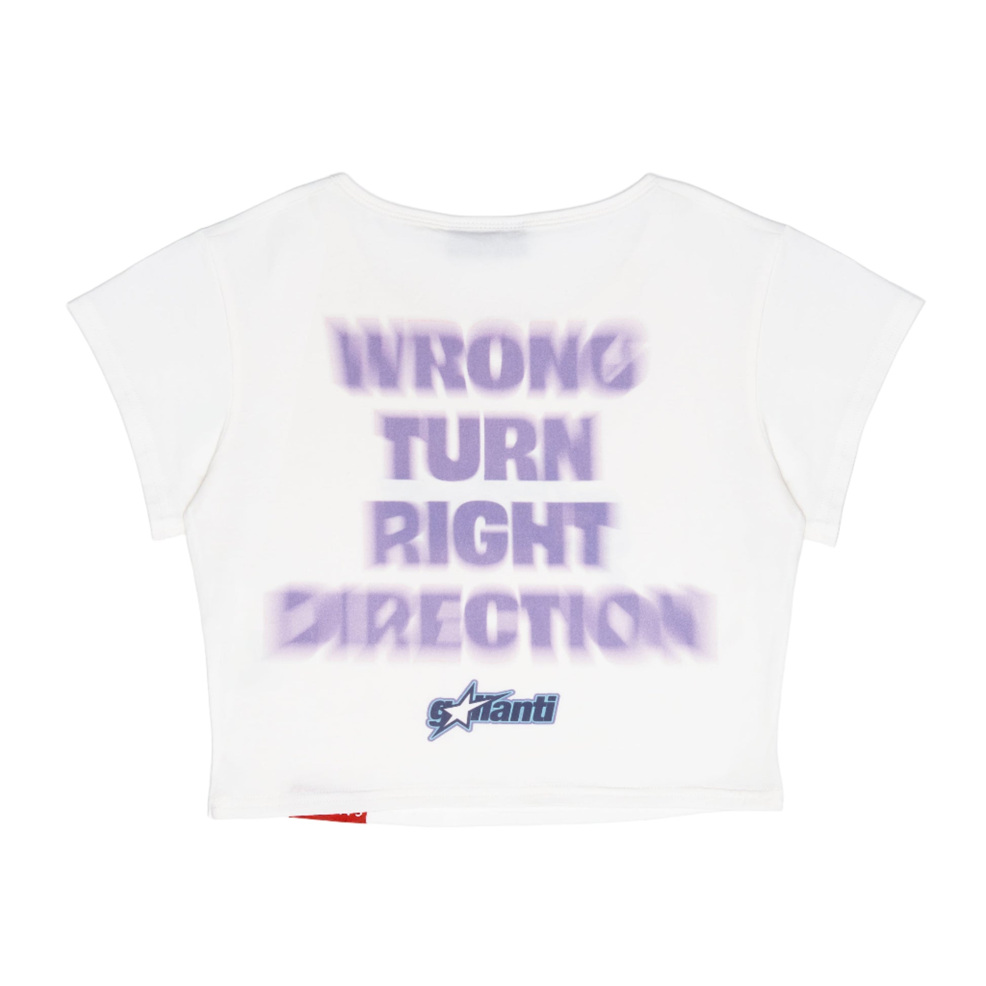 White t-shirt with purple text 'Wrong Turn Right Direction' on a white background